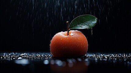 Wall Mural - Single orange fruit with leaf, water droplets.