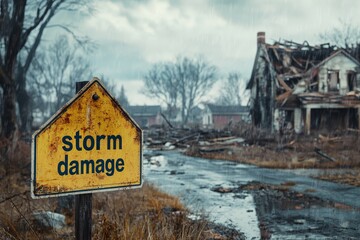 Wall Mural - Storm damage sign in front of destroyed house after hurricane, with burned town and fallen trees in background, rainy cloudy weather.