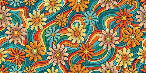 Wall Mural - vibrant retro floral design with swirling lines and colorful daisies