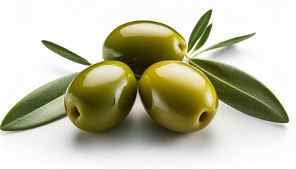 Three green olives with olive leaves on a white background.