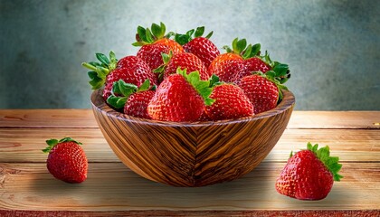 Wall Mural - A wooden bowl brimming with ripe, red strawberries.