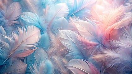 Wall Mural - Pastel-colored feathers arranged in a soft, delicate pattern, creating a calming and ethereal atmosphere