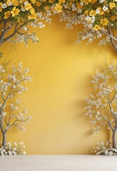 Wall Mural - Floral white border on yellow background with whimsical tree illustrations, plants, delicate, garden