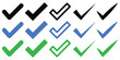 © becky studio - Check mark icon set. Tick symbol in green, blue and black color. Hand drawn checkmark illustration. Approval check icon isolated.