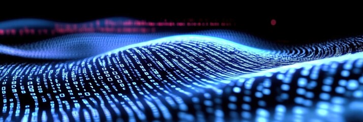 Wall Mural - futuristic digital binary code background with flowing lines and waves in neon blue and red colors f
