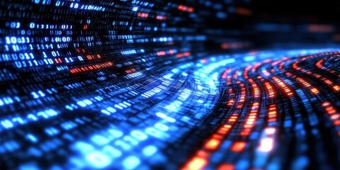 Wall Mural - abstract digital background with flowing binary code in glowing blue and red colors for data visuali
