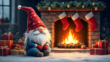 Wall Mural - A warm, cozy holiday scene featuring a whimsical gnome sitting beside a rustic stone fireplace