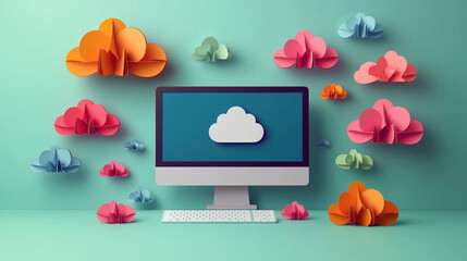 Colorful paper clouds decorate teal wall around computer displaying cloud icon. Modern flat design streamlined cloud app deployment. Desktop computer with keyboard. Simple style illustration for tech