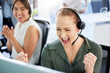 Poster - Excited woman, call center and celebration in office for deal, sales success and negotiation goal. Consultant, promotion and applause for b2b support, victory and good news with business achievement