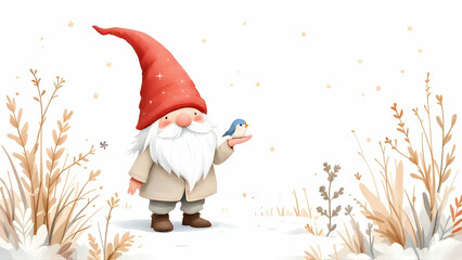 Wall Mural - A whimsical winter scene featuring a cheerful gnome with a long, pointed red hat, standing in a snowy landscape