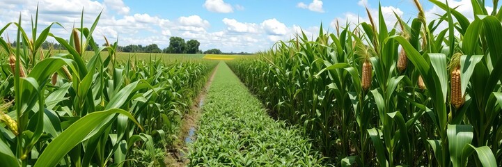 Wall Mural - Lush green cornfield stretching across countryside landscape with clear blue sky, healthy, nutrition