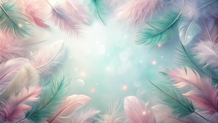 Wall Mural - Ethereal pastel feathers float on a soft, dreamy background, creating a delicate and serene scene.