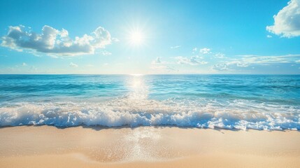 waves softly lap against the bright sandy beach under a radiant sun. the crystal clear blue sea refl