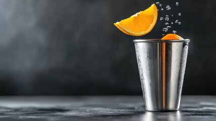 Wall Mural - Stainless steel cup with sliced orange and water condensation