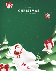 Wall Mural - merry christmas sign banner frame with empty space and cute funny santa claus christmas landscape sn