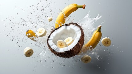 Wall Mural - Exploding coconut and bananas in mid-air with splashes.