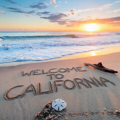 vacation concept welcome to california written in sand on beach driftwood and sand dollar with beaut