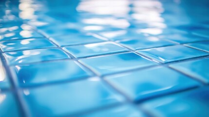 Close-up of a swimming pool’s tile grout with focus on the cleanliness and texture, indoor setting with bright focused lighting, Clean style