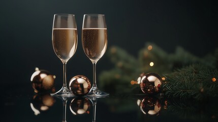 Wall Mural - Elegant Festive Champagne Glasses Paired with Christmas Baubles