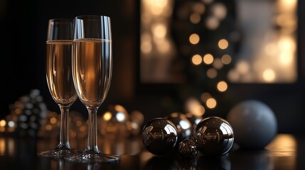 Wall Mural - Elegant Festive Champagne Glasses Paired with Christmas Baubles