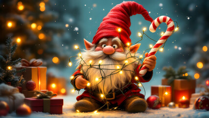 Wall Mural - a mischievous gnome with a long red hat tangled in glowing holiday string lights