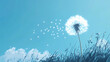 © Thiago - A dandelion clock being gently blown by a whispering breeze, seeds dispersing into the clear blue sky. Drift. Illustration