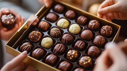 Wall Mural - A group of friends at a holiday party, with one friend opening a gift box to find a set of gourmet chocolates.