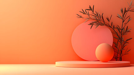 Fototapete - A serene minimalistic composition featuring a circular shape, a sphere, and a green branch against a soft orange background