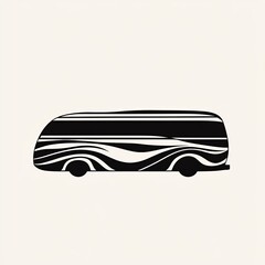 This abstract representation features a black and white silhouette of a bus shaped with minimalist strokes, portraying a sleek, modern design