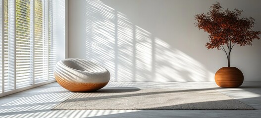 Aufkleber - Minimalist Interior Design with Natural Light Shadow Play on White Walls and Abstract Geometric Shapes