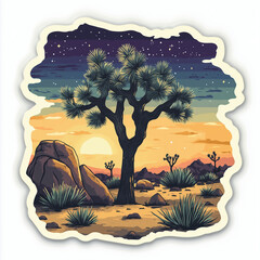 Vibrant vintage style sticker design of joshua tree starry night sky above the landscape illustration