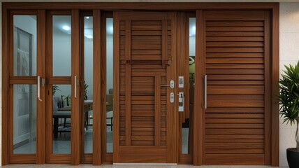 Modern wood front door with sidelights and sliding panels.