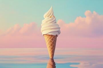 Wall Mural - Soft Serve Ice Cream Cone Floating on Calm Water