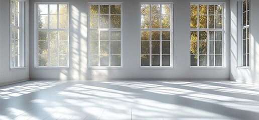 Aufkleber - Minimalist Interior Scene Large Windows Soft Shadows White Floor Natural Light Scandinavian Design