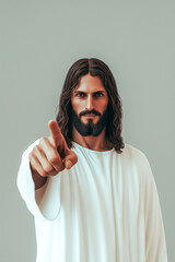 Wall Mural - A man with a beard and long hair is pointing to the sky