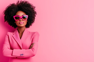 Wall Mural - A woman in a pink suit and sunglasses stands in front of a pink background