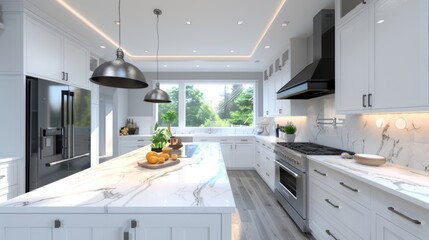 A contemporary kitchen with white cabinets, marble countertops