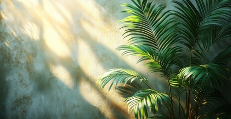 Aufkleber - Dreamy Abstract Palm Leaf Shadows on Wall with Soft Ambient Light Natural Tropical Minimalism
