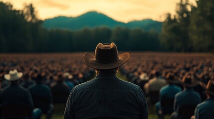 A man and woman, along with other people, stand on a field under a vast sky, some wearing hats or military-inspired fashion