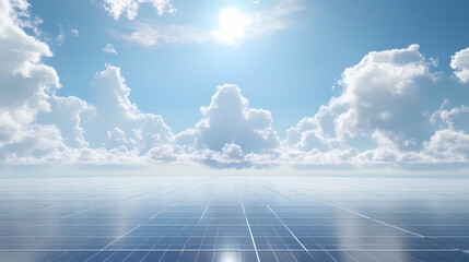 Wall Mural - A vast solar panel field under a bright sky filled with puffy clouds, showcasing renewable energy technology and sustainability. Solaris. Illustration