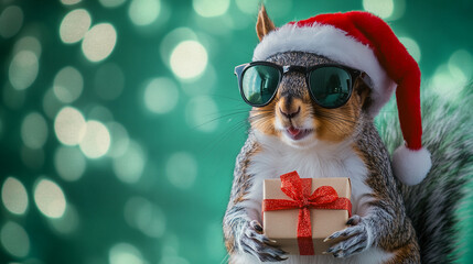 Wall Mural - Cool Squirrel in Santa Hat with Gift  Christmas Bokeh Background