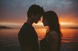 © Five Million Stock - Silhouette of a young couple kissing against a sunset sky, a man holding a woman in his arms, a romantic love concept, a man with short hair and beard, a girl has curly long brown hair,