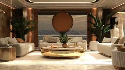 Wall Mural - Sophisticated yacht countdown party, opulent interiors, elegant guests, and a serene ocean backdrop