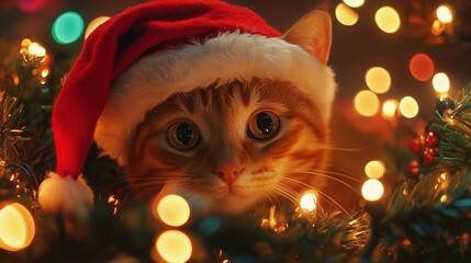 Wall Mural - Festive Ginger Cat in Santa Hat with Bright Holiday Lights Background