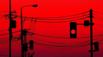 Poster - Silhouette of traffic lights and power lines against a red sunset.