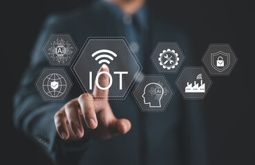 Fototapete - IoT Technology and Wireless Connectivity Concept. Internet of Things, Businessman touching on IoT interface with icons AI, global networking, industrial automation, smart home, cybersecurity solution