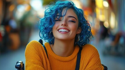 Disabled woman with blue hair in wheelchair socializing with friends in inclusive college environment