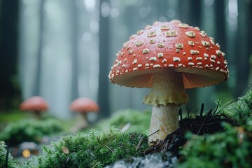 Wall Mural - A vibrant red-capped mushroom toadstool standing on a mossy forest floor, surrounded by natural greenery and soft, diffused light..