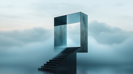 Poster - Mysterious dark doorway with stairs leading to a foggy sky.