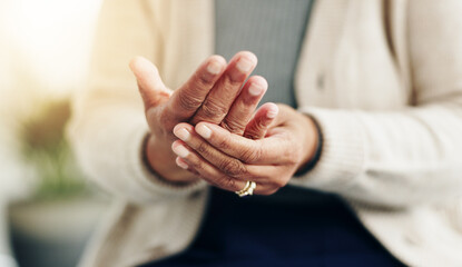 hand pain, arthritis and gout with closeup of old person for symptoms, accident and injury. fibromya